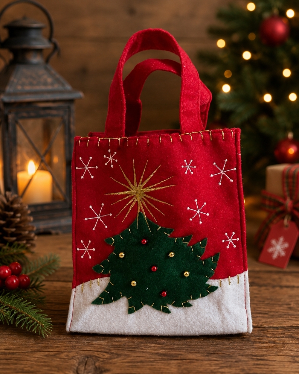Handmade Artisan Felt Christmas Tree Gift Bag Beaded Ornaments Star VG